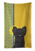 Summer Sunflowers Longhaired Black Chihuahua Kitchen Towel Velour Plush Front and Cotton Loop Back Machine Washable