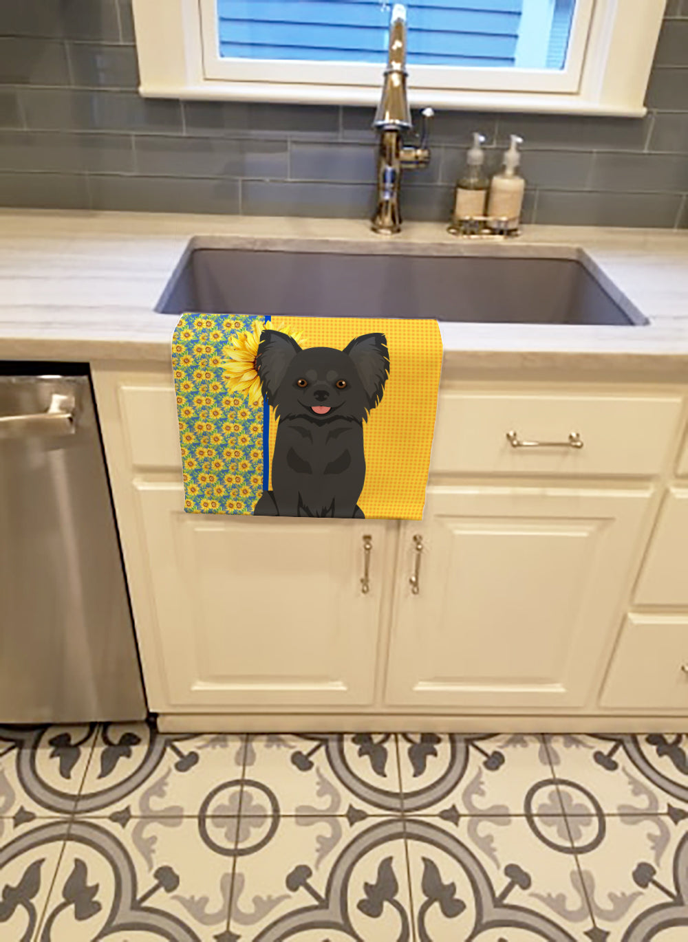 Summer Sunflowers Longhaired Black Chihuahua Kitchen Towel Velour Plush Front and Cotton Loop Back Machine Washable