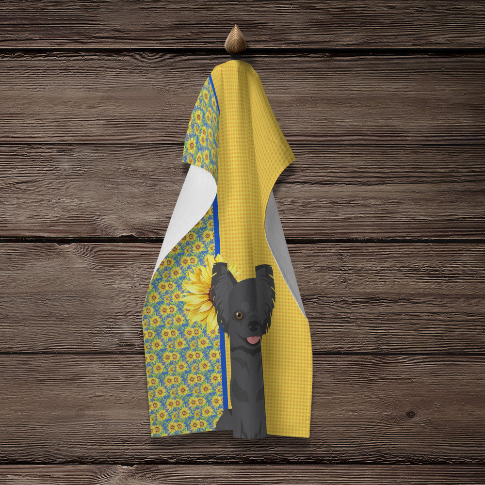 Summer Sunflowers Longhaired Black Chihuahua Kitchen Towel Velour Plush Front and Cotton Loop Back Machine Washable