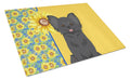 Summer Sunflowers Longhaired Black Chihuahua Cutting Board Tempered Glass Kitchen Cutting Surface, Heat Resistant Chopping, Non-Slip Feet, Food Prep & Serving