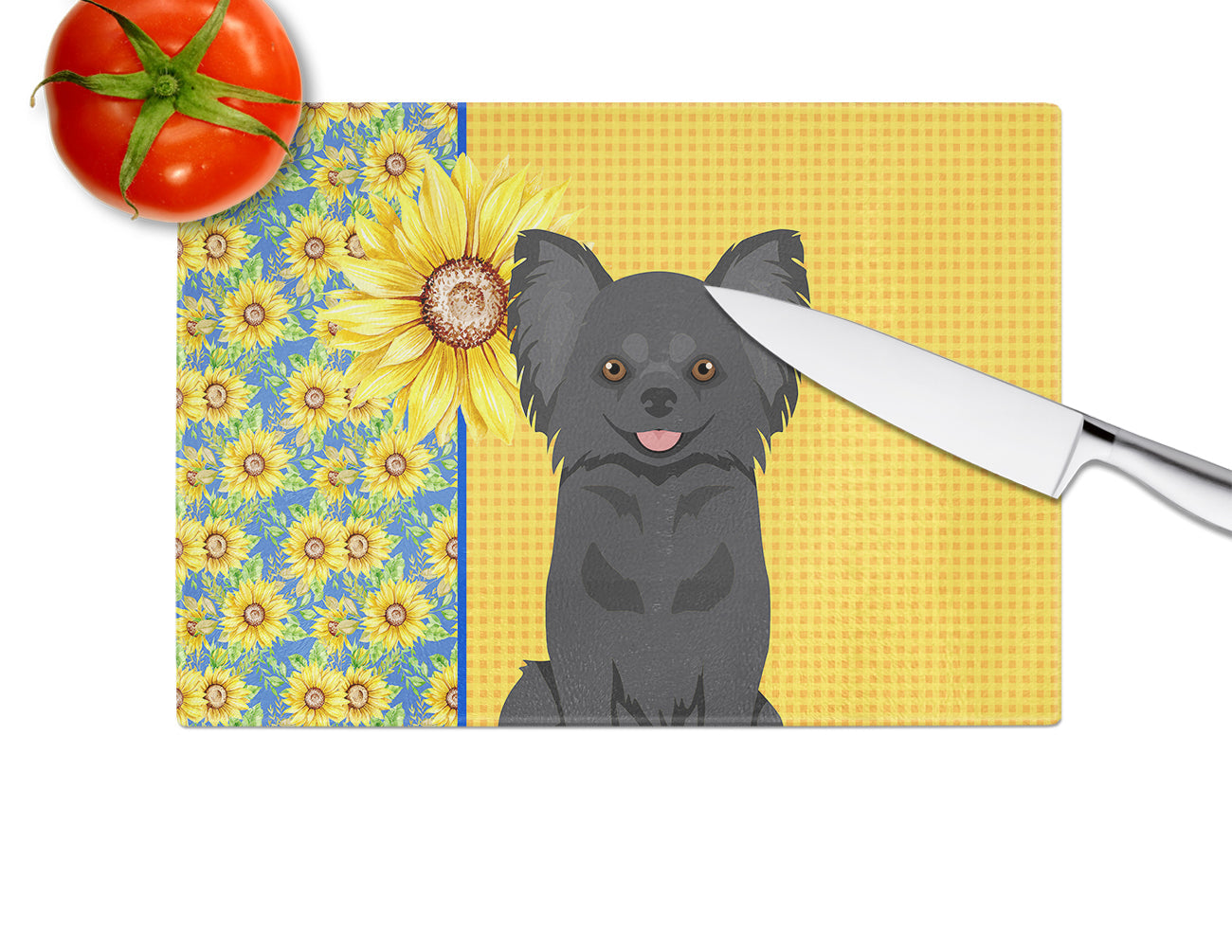 Summer Sunflowers Longhaired Black Chihuahua Cutting Board Tempered Glass Kitchen Cutting Surface, Heat Resistant Chopping, Non-Slip Feet, Food Prep & Serving
