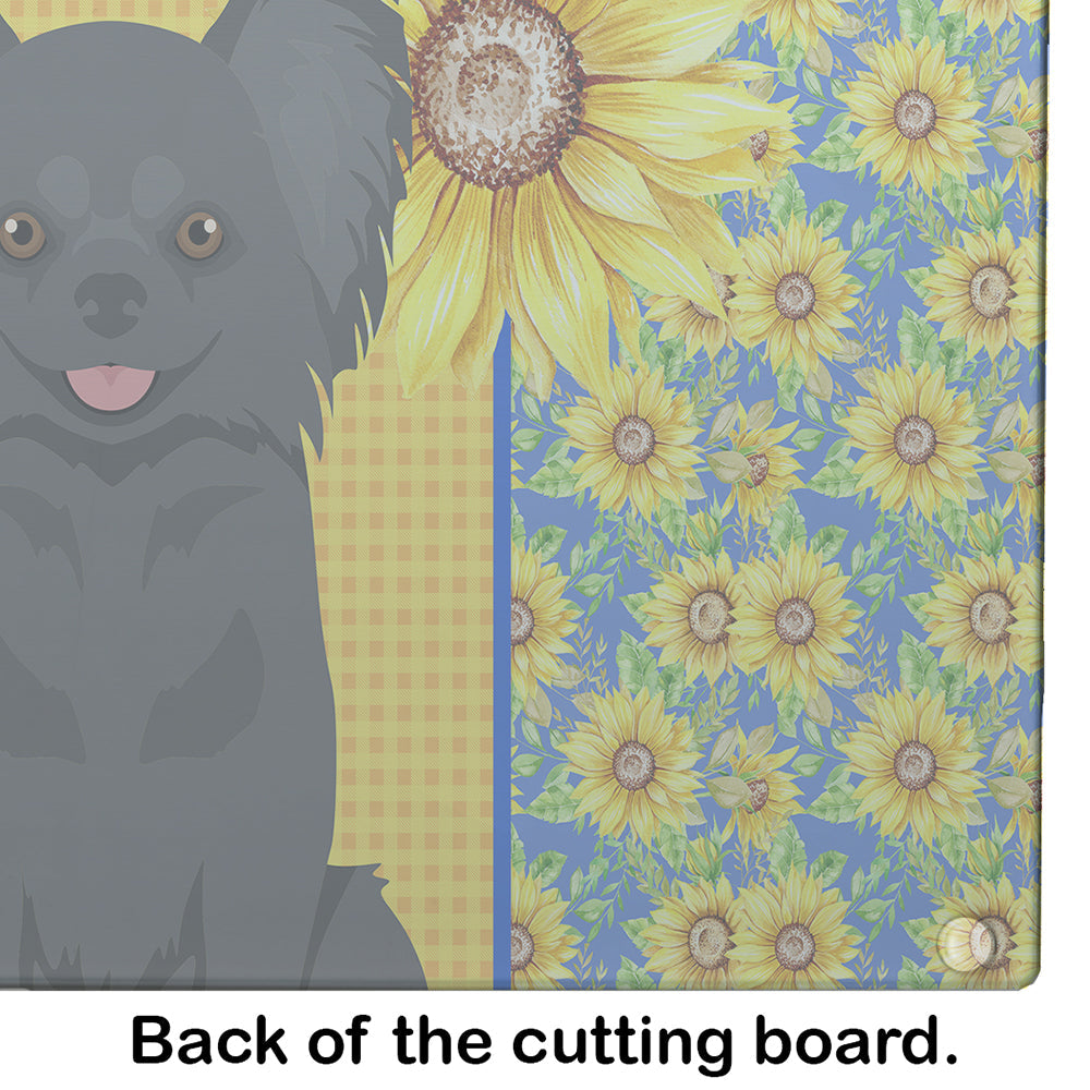 Summer Sunflowers Longhaired Black Chihuahua Cutting Board Tempered Glass Kitchen Cutting Surface, Heat Resistant Chopping, Non-Slip Feet, Food Prep & Serving