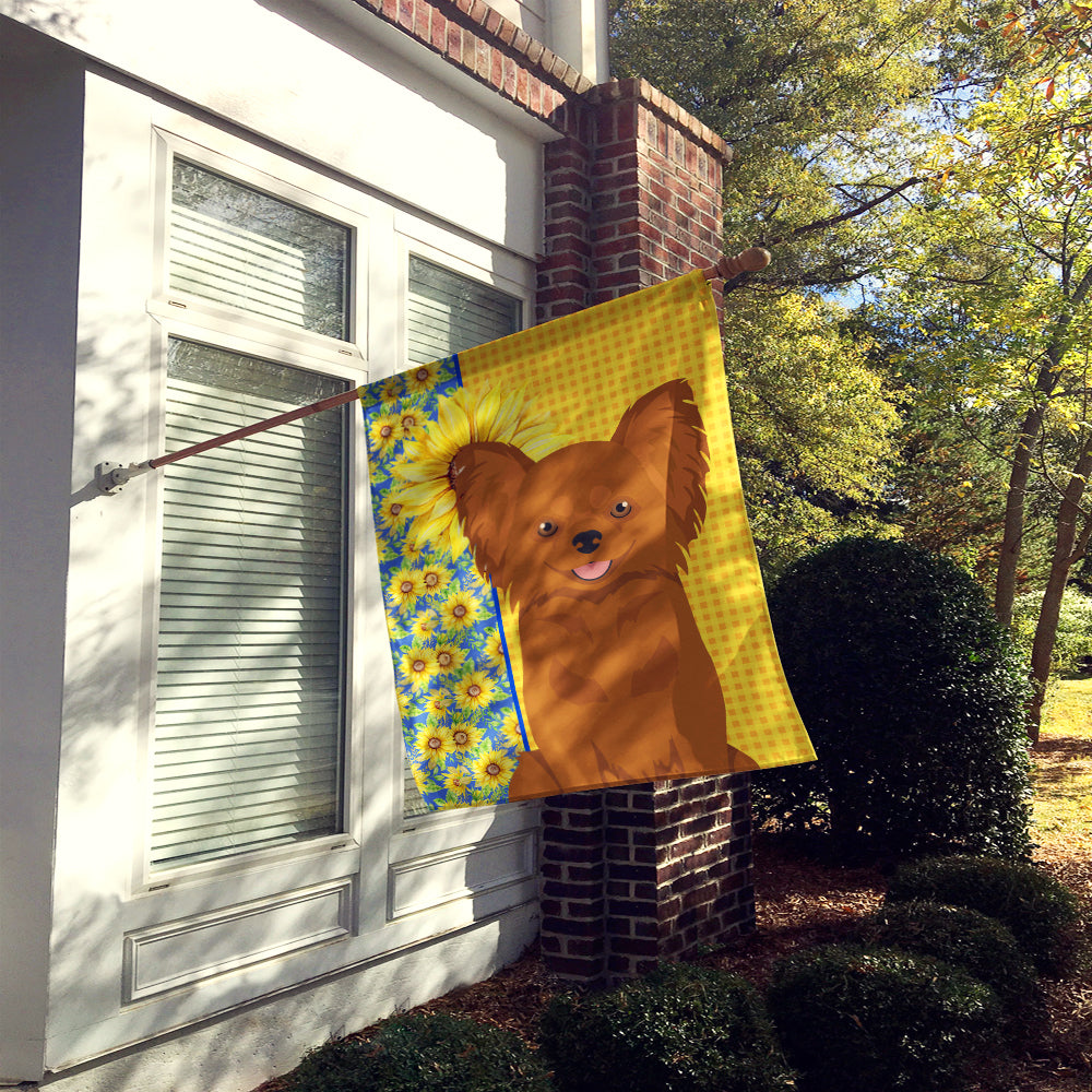 Summer Sunflowers Longhaired Red Chihuahua House Flag 28x40 Porch Sleeve Pole Decorative Outside Yard Banner Artwork Wall Hanging, Polyester