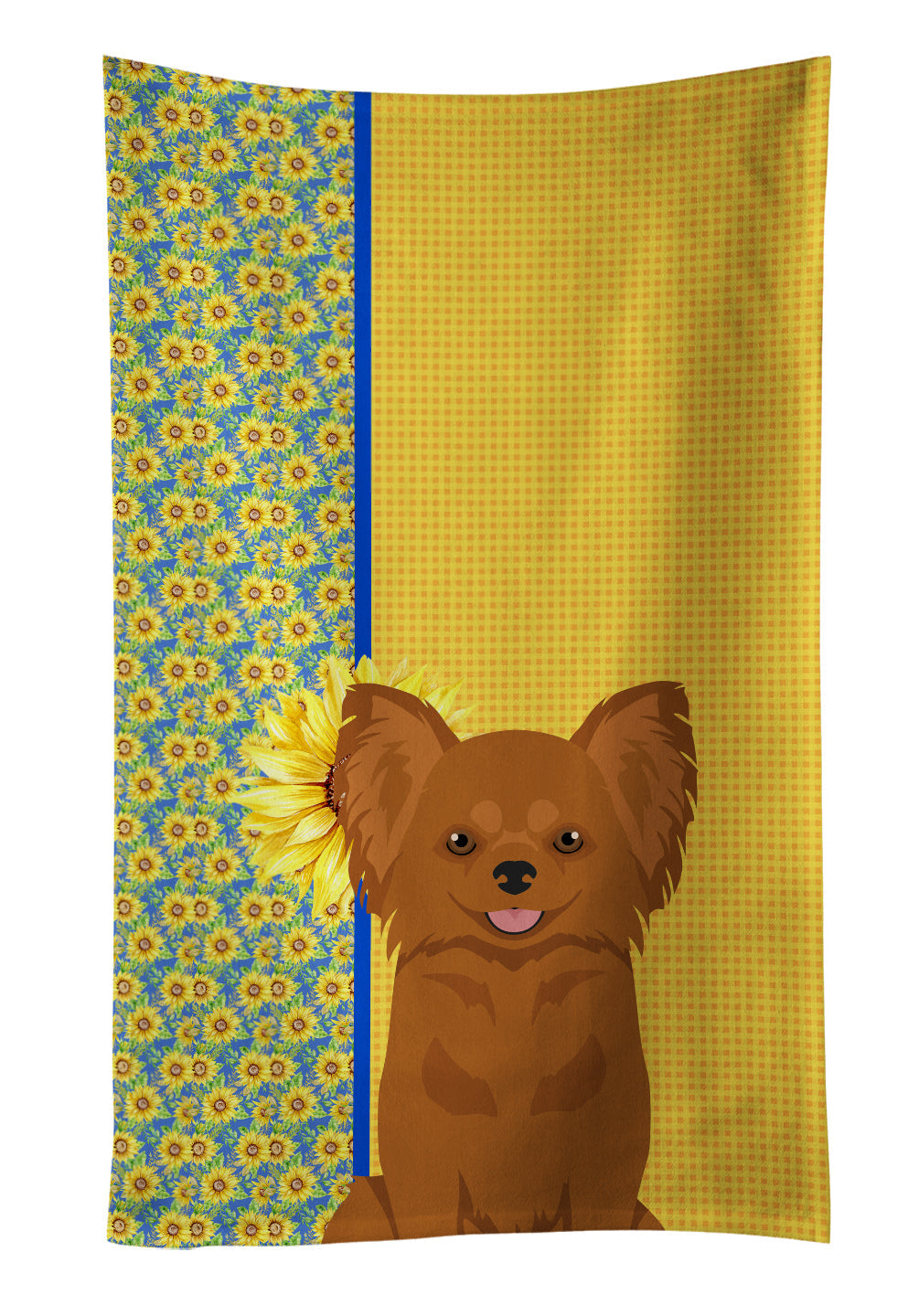 Summer Sunflowers Longhaired Red Chihuahua Kitchen Towel Velour Plush Front and Cotton Loop Back Machine Washable