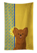 Summer Sunflowers Longhaired Red Chihuahua Kitchen Towel Velour Plush Front and Cotton Loop Back Machine Washable