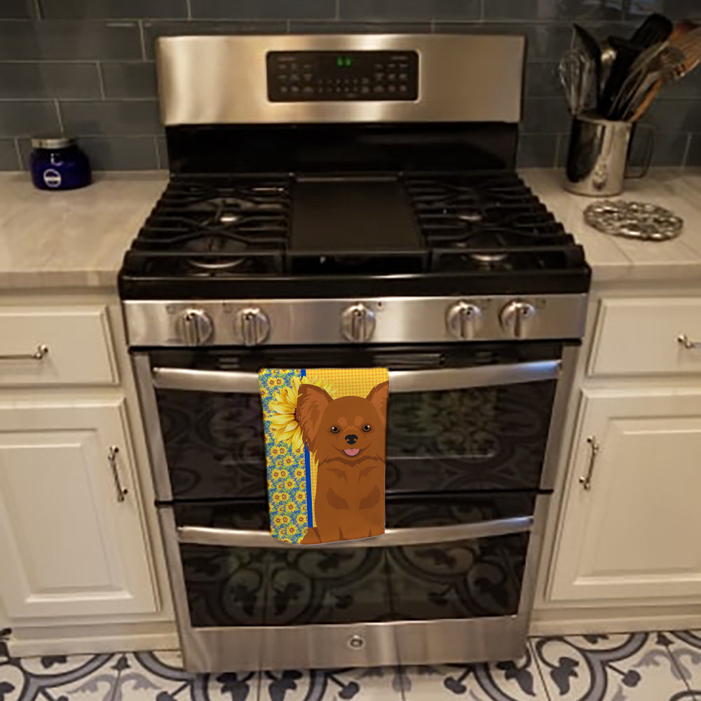 Summer Sunflowers Longhaired Red Chihuahua Kitchen Towel Velour Plush Front and Cotton Loop Back Machine Washable