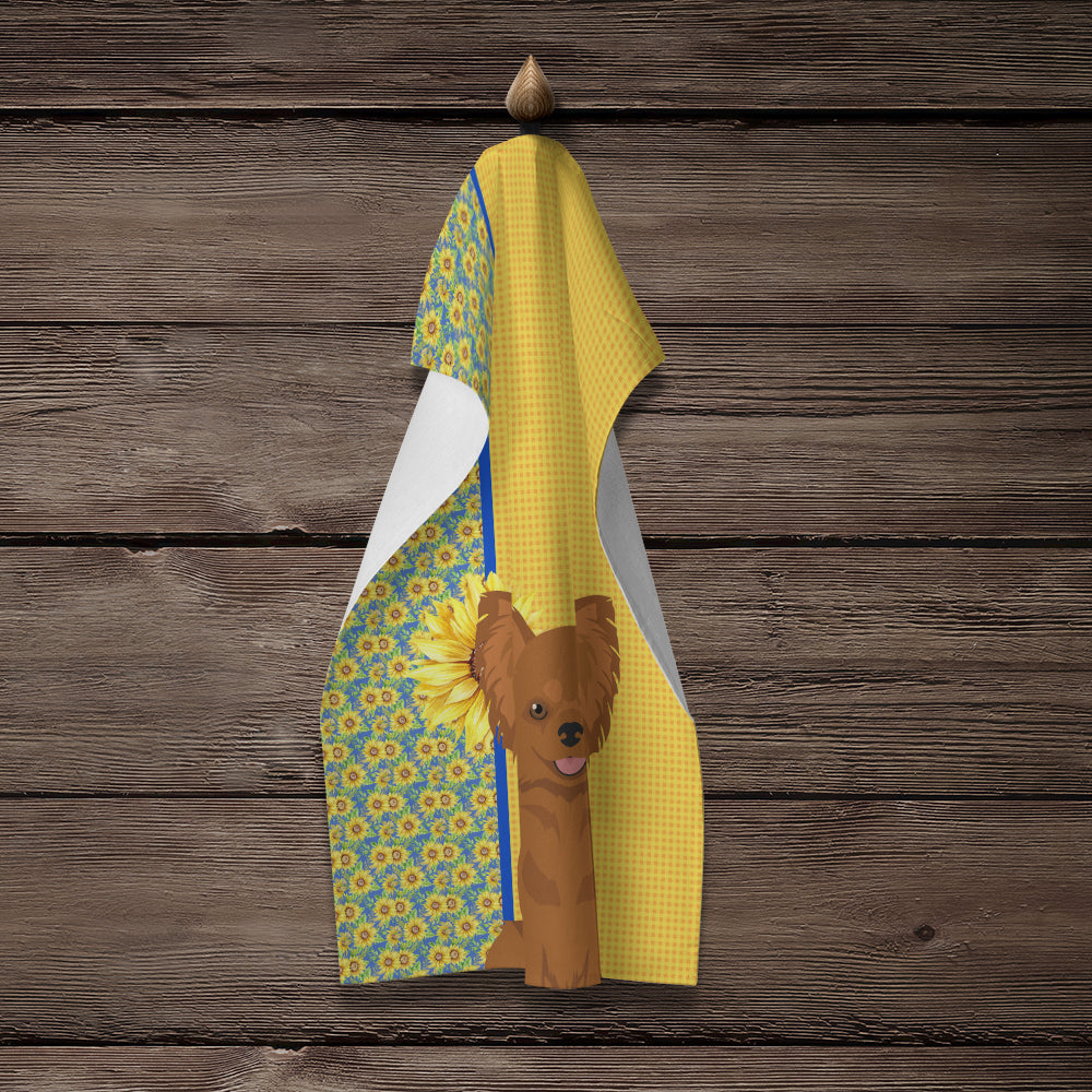 Summer Sunflowers Longhaired Red Chihuahua Kitchen Towel Velour Plush Front and Cotton Loop Back Machine Washable