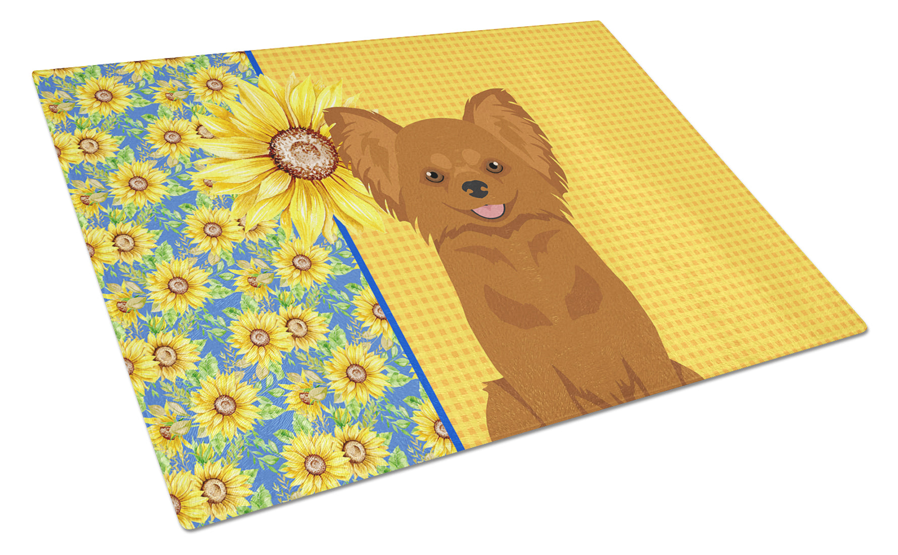 Summer Sunflowers Longhaired Red Chihuahua Cutting Board Tempered Glass Kitchen Cutting Surface, Heat Resistant Chopping, Non-Slip Feet, Food Prep & Serving