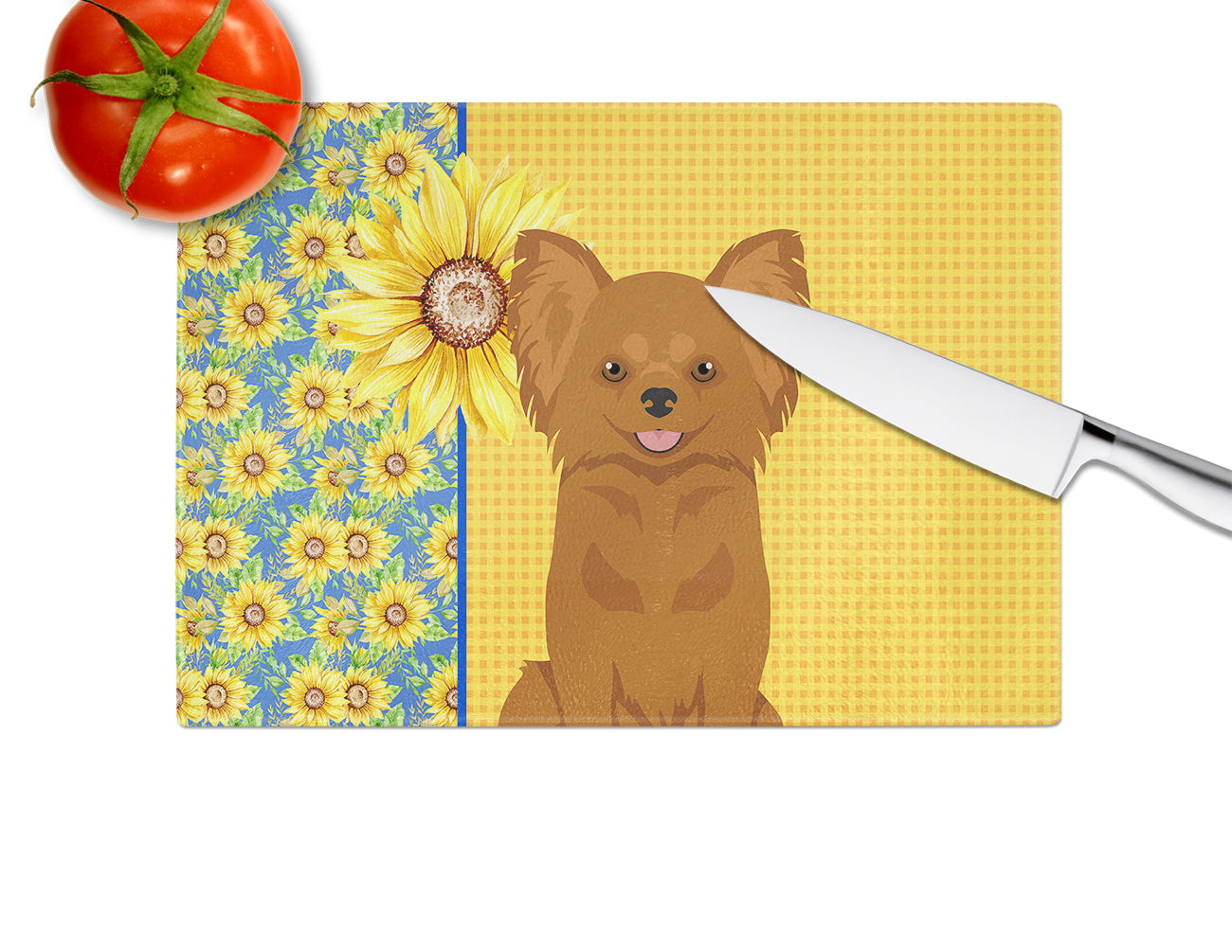 Summer Sunflowers Longhaired Red Chihuahua Cutting Board Tempered Glass Kitchen Cutting Surface, Heat Resistant Chopping, Non-Slip Feet, Food Prep & Serving