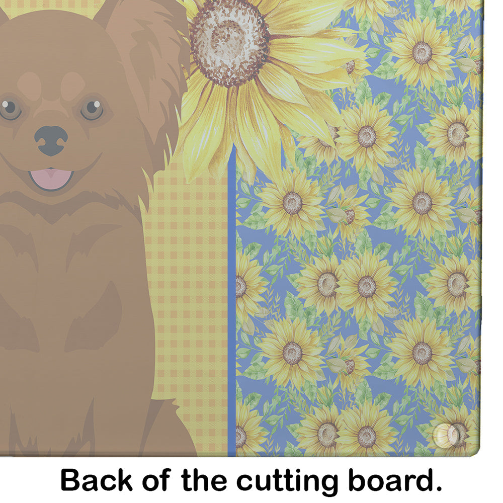 Summer Sunflowers Longhaired Red Chihuahua Cutting Board Tempered Glass Kitchen Cutting Surface, Heat Resistant Chopping, Non-Slip Feet, Food Prep & Serving