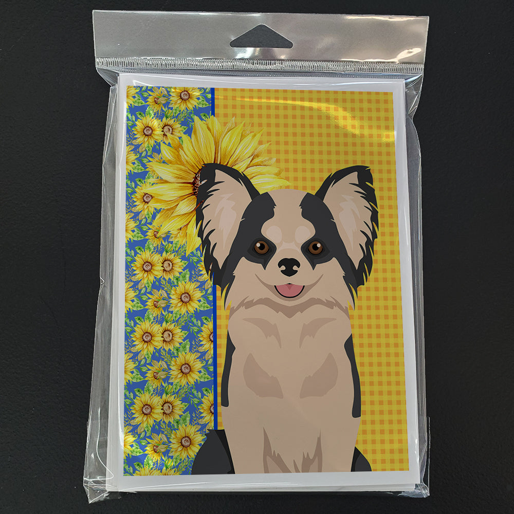 Summer Sunflowers Longhaired Black and White #2 Chihuahua Greeting Cards Pack of 8 Blank Cards with Envelopes Whimsical A7 Size 5x7