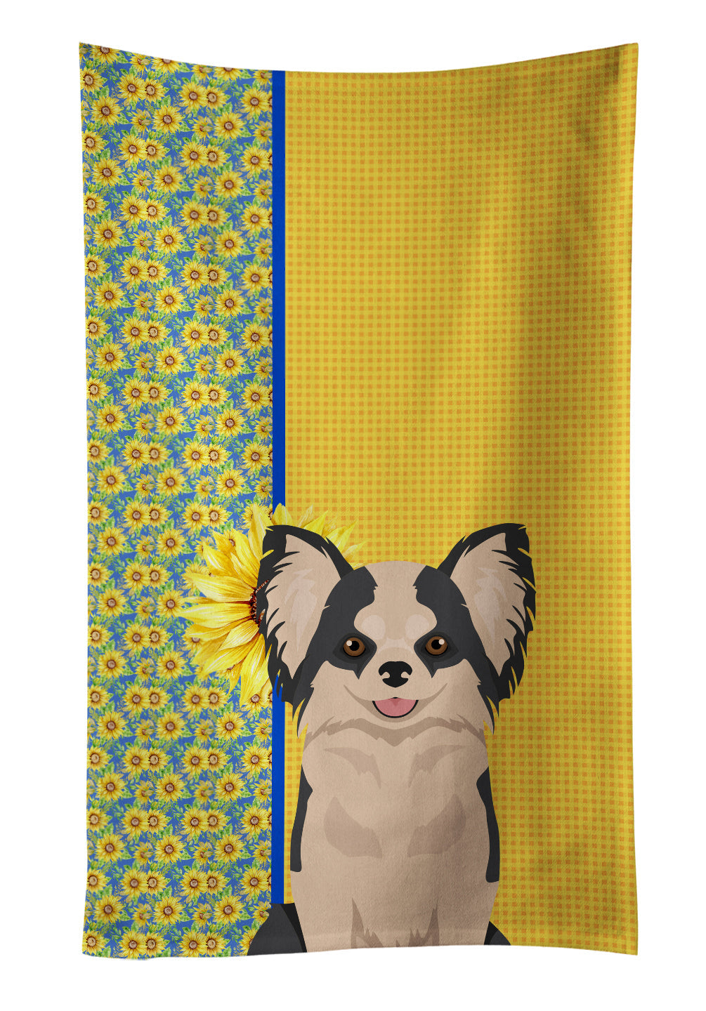 Summer Sunflowers Longhaired Black and White #2 Chihuahua Kitchen Towel Velour Plush Front and Cotton Loop Back Machine Washable
