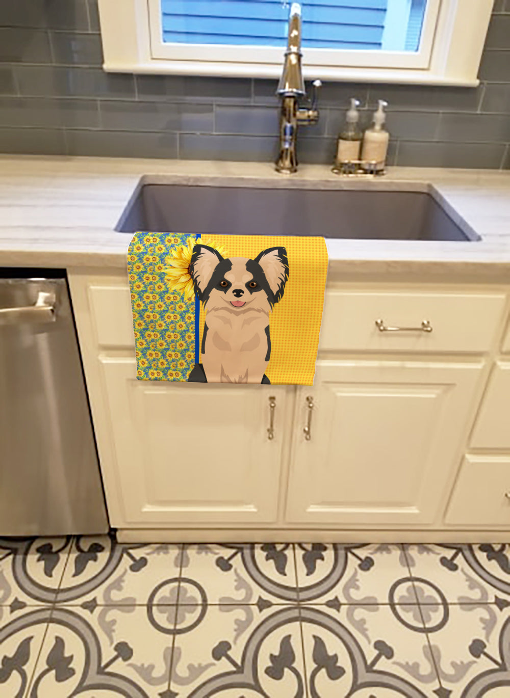Summer Sunflowers Longhaired Black and White #2 Chihuahua Kitchen Towel Velour Plush Front and Cotton Loop Back Machine Washable