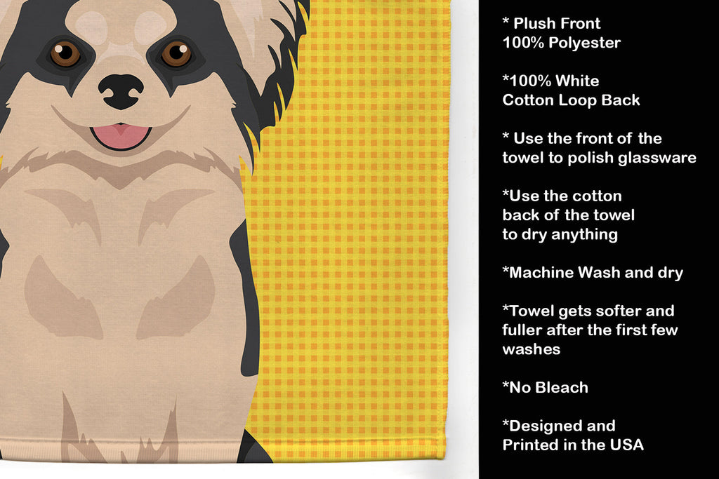 Summer Sunflowers Longhaired Black and White #2 Chihuahua Kitchen Towel Velour Plush Front and Cotton Loop Back Machine Washable