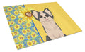 Summer Sunflowers Longhaired Black and White #2 Chihuahua Cutting Board Tempered Glass Kitchen Cutting Surface, Heat Resistant Chopping, Non-Slip Feet, Food Prep & Serving