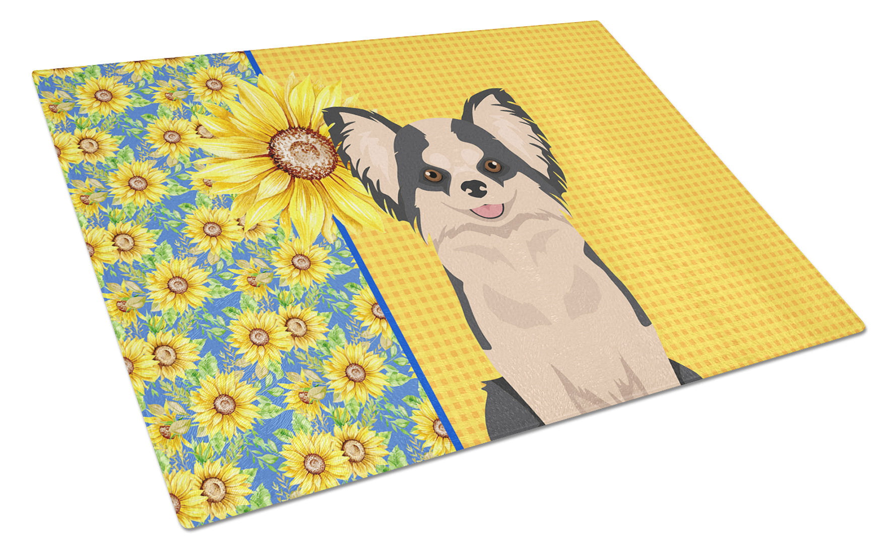 Summer Sunflowers Longhaired Black and White #2 Chihuahua Cutting Board Tempered Glass Kitchen Cutting Surface, Heat Resistant Chopping, Non-Slip Feet, Food Prep & Serving