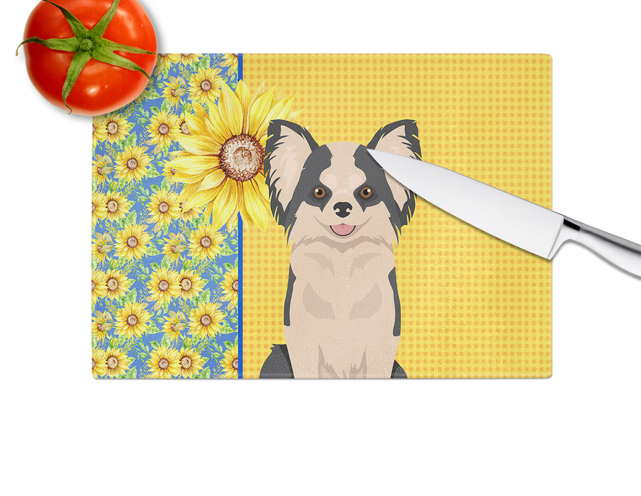 Summer Sunflowers Longhaired Black and White #2 Chihuahua Cutting Board Tempered Glass Kitchen Cutting Surface, Heat Resistant Chopping, Non-Slip Feet, Food Prep & Serving