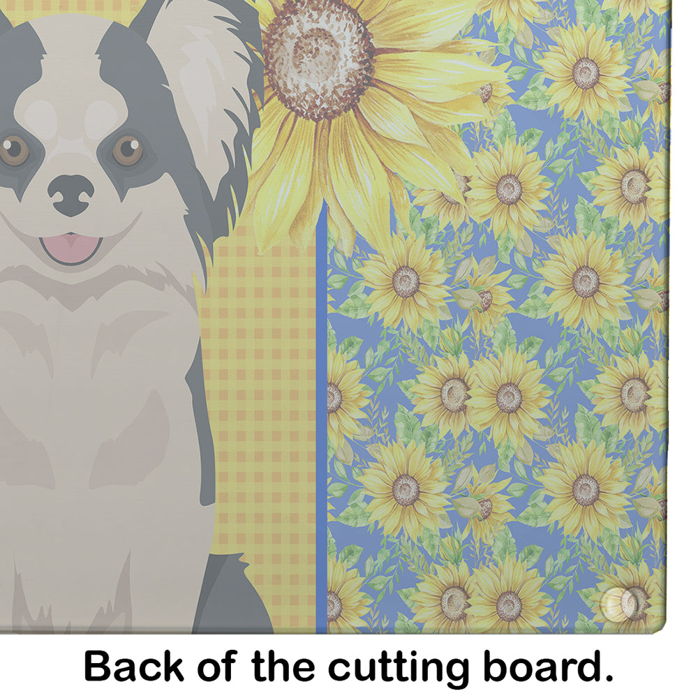 Summer Sunflowers Longhaired Black and White #2 Chihuahua Cutting Board Tempered Glass Kitchen Cutting Surface, Heat Resistant Chopping, Non-Slip Feet, Food Prep & Serving