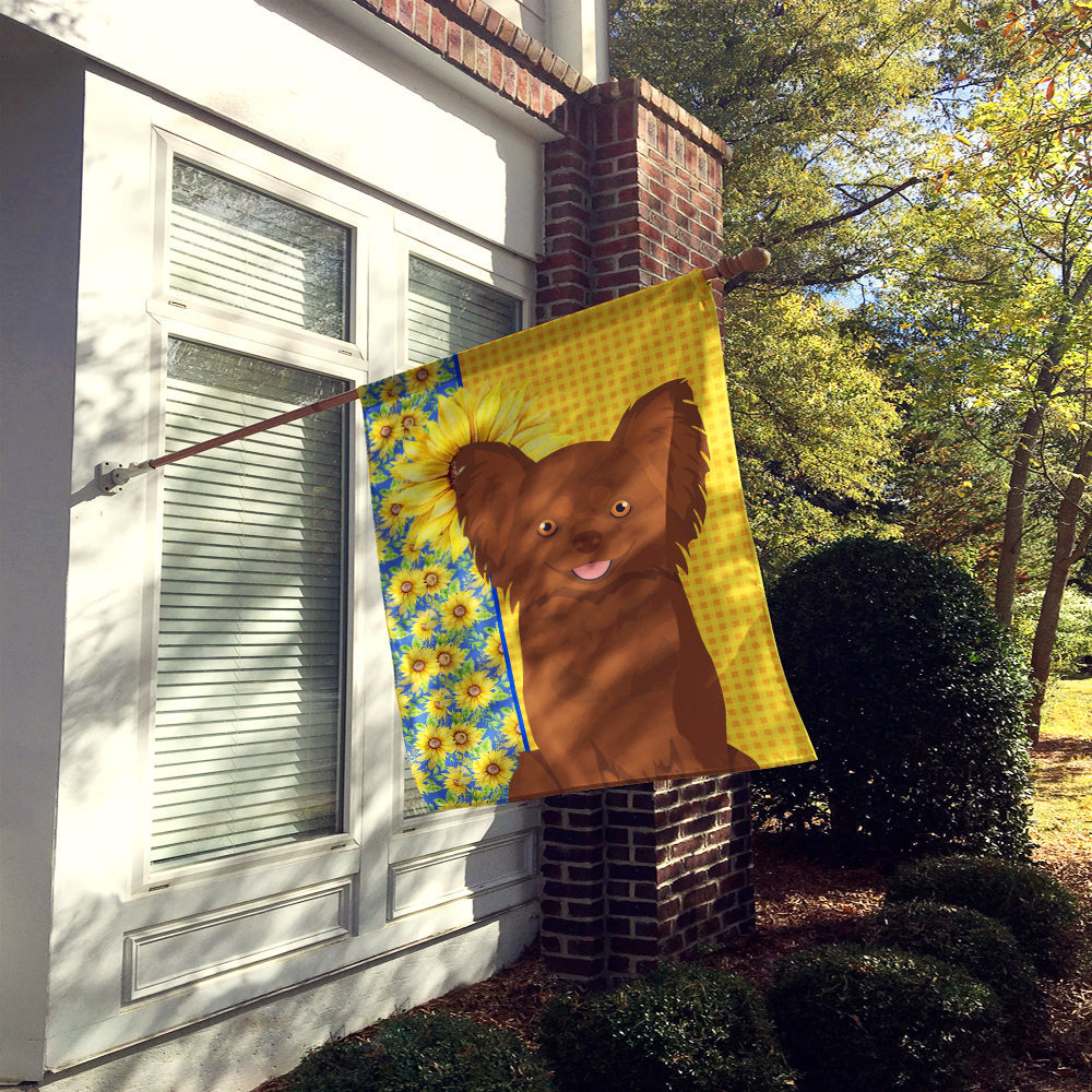 Summer Sunflowers Longhaired Chocolate Chihuahua House Flag 28x40 Porch Sleeve Pole Decorative Outside Yard Banner Artwork Wall Hanging, Polyester
