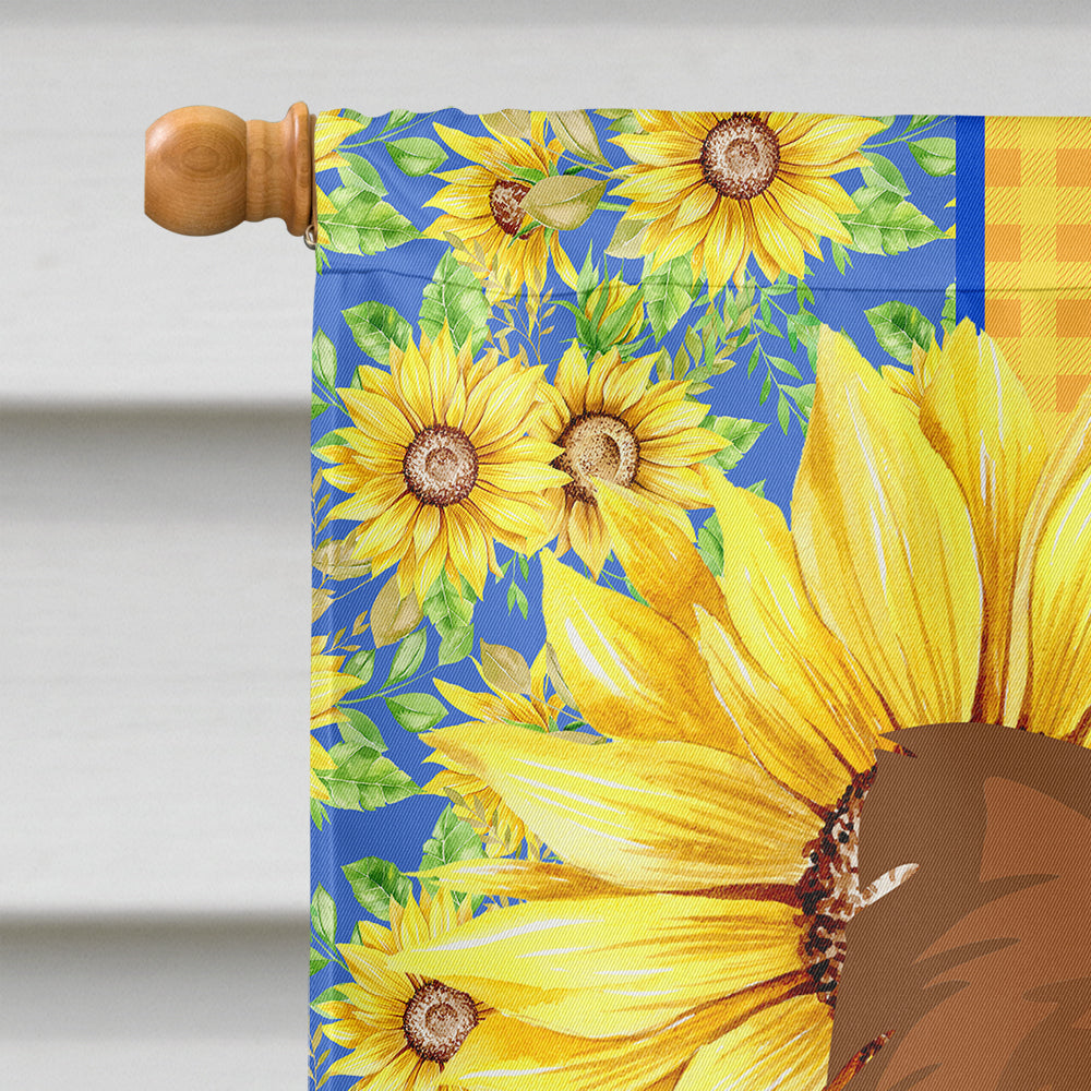 Summer Sunflowers Longhaired Chocolate Chihuahua House Flag 28x40 Porch Sleeve Pole Decorative Outside Yard Banner Artwork Wall Hanging, Polyester