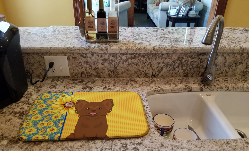 Summer Sunflowers Longhaired Chocolate Chihuahua Dish Drying Mat Absorbent Dish Drying Mat Pad for Kitchen Counter Dish Drainer Mat for Countertop, 14 x 21", Multicolor