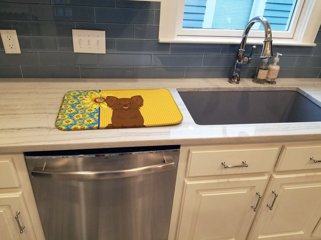 Summer Sunflowers Longhaired Chocolate Chihuahua Dish Drying Mat Absorbent Dish Drying Mat Pad for Kitchen Counter Dish Drainer Mat for Countertop, 14 x 21", Multicolor