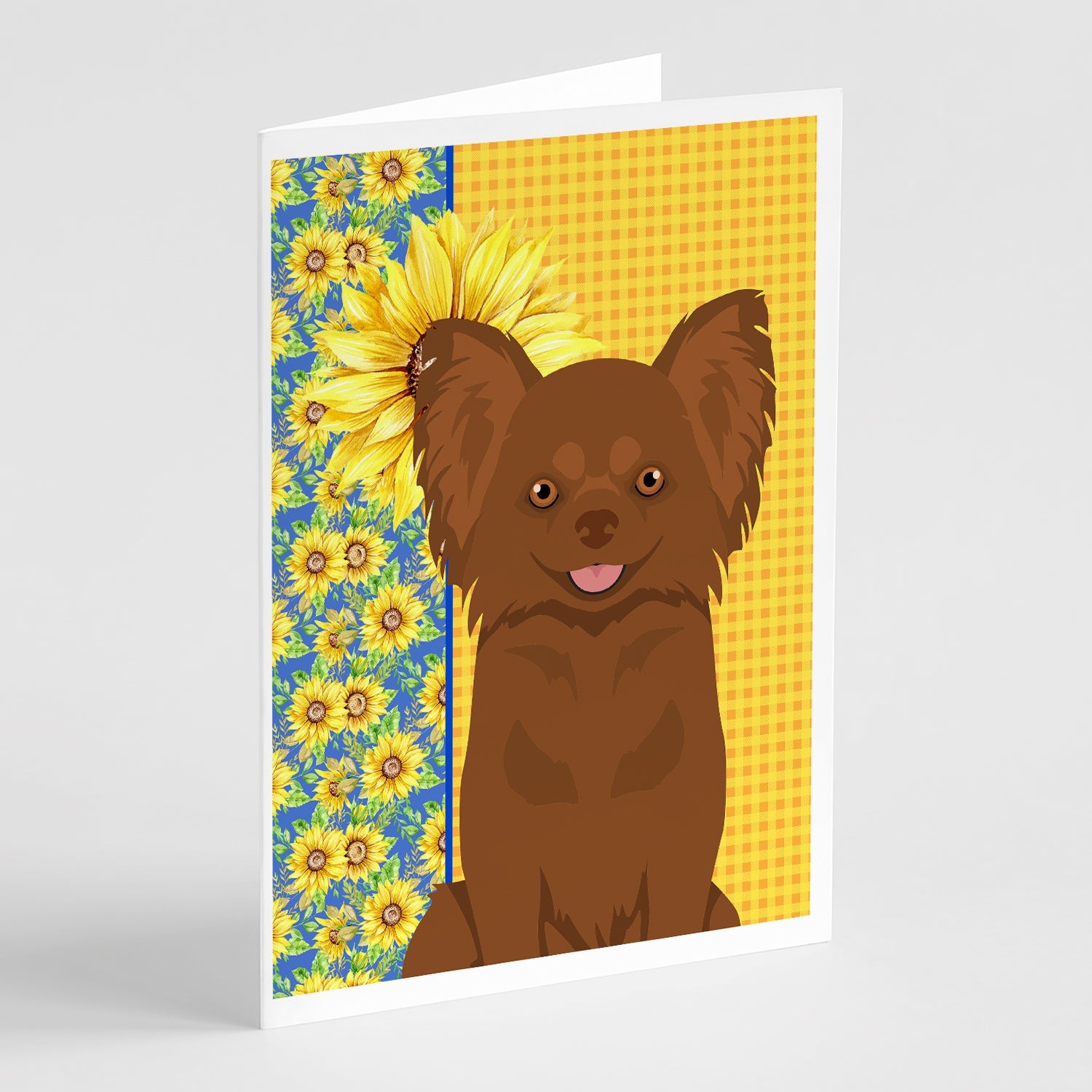 Summer Sunflowers Longhaired Chocolate Chihuahua Greeting Cards Pack of 8 Blank Cards with Envelopes Whimsical A7 Size 5x7
