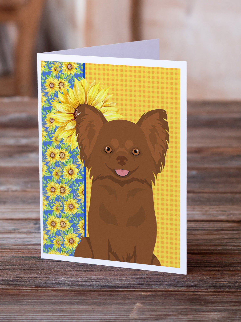 Summer Sunflowers Longhaired Chocolate Chihuahua Greeting Cards Pack of 8 Blank Cards with Envelopes Whimsical A7 Size 5x7