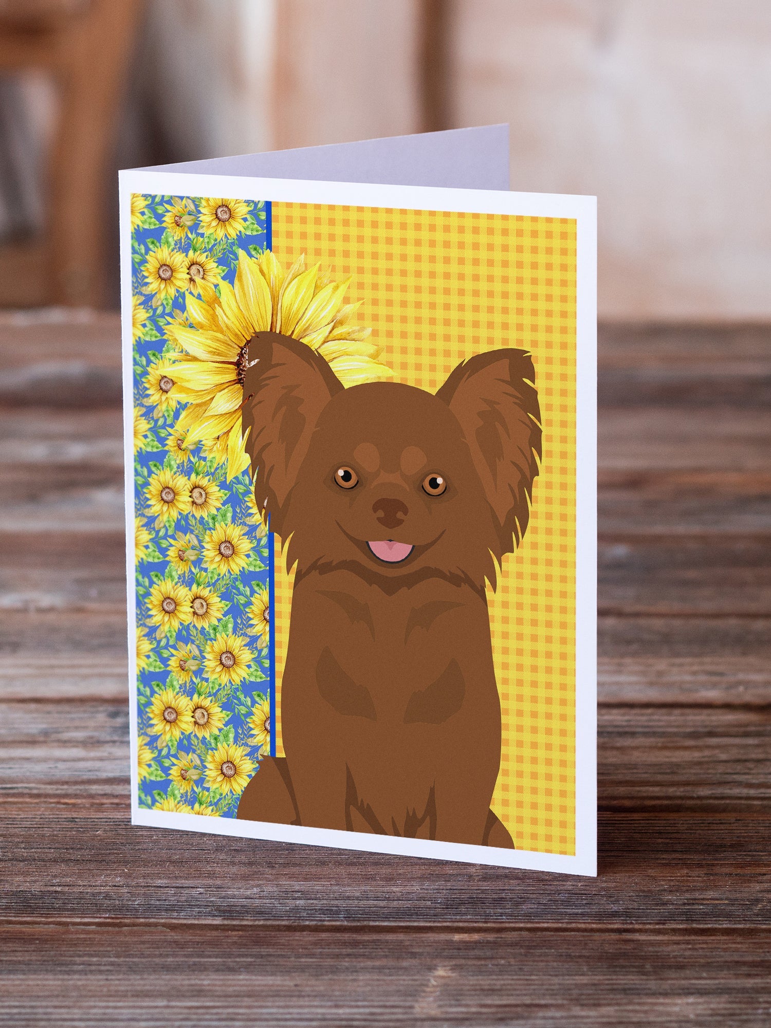 Summer Sunflowers Longhaired Chocolate Chihuahua Greeting Cards Pack of 8 Blank Cards with Envelopes Whimsical A7 Size 5x7