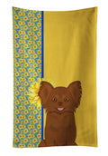 Summer Sunflowers Longhaired Chocolate Chihuahua Kitchen Towel Velour Plush Front and Cotton Loop Back Machine Washable