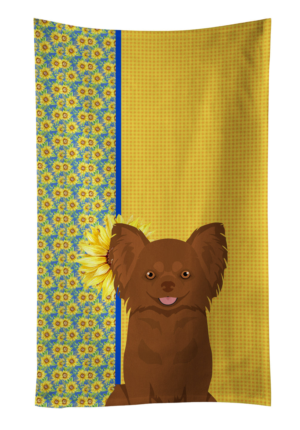 Summer Sunflowers Longhaired Chocolate Chihuahua Kitchen Towel Velour Plush Front and Cotton Loop Back Machine Washable
