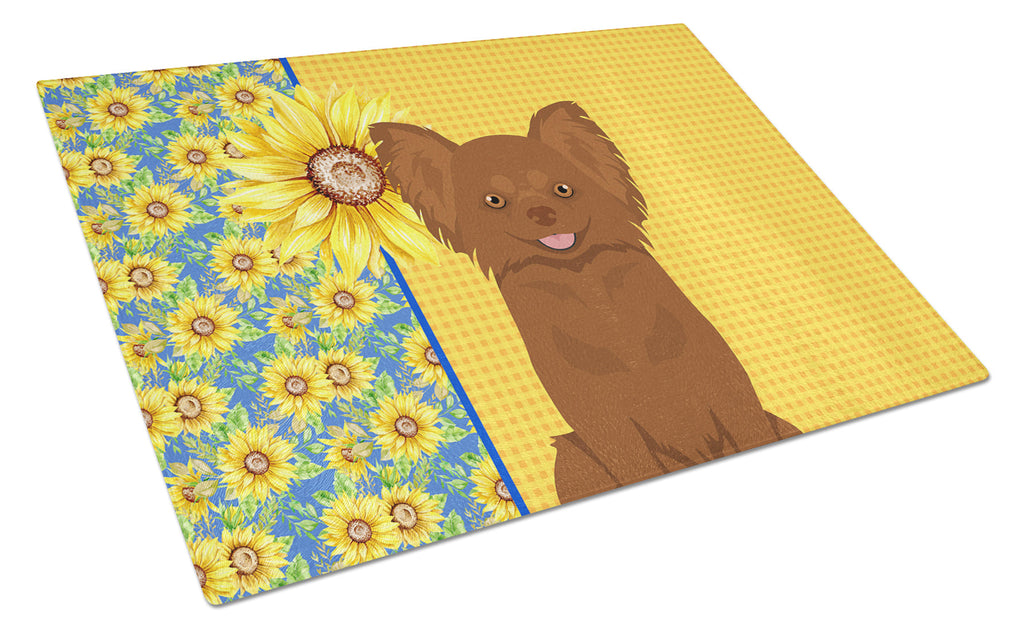 Summer Sunflowers Longhaired Chocolate Chihuahua Cutting Board Tempered Glass Kitchen Cutting Surface, Heat Resistant Chopping, Non-Slip Feet, Food Prep & Serving