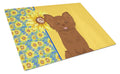 Summer Sunflowers Longhaired Chocolate Chihuahua Cutting Board Tempered Glass Kitchen Cutting Surface, Heat Resistant Chopping, Non-Slip Feet, Food Prep & Serving