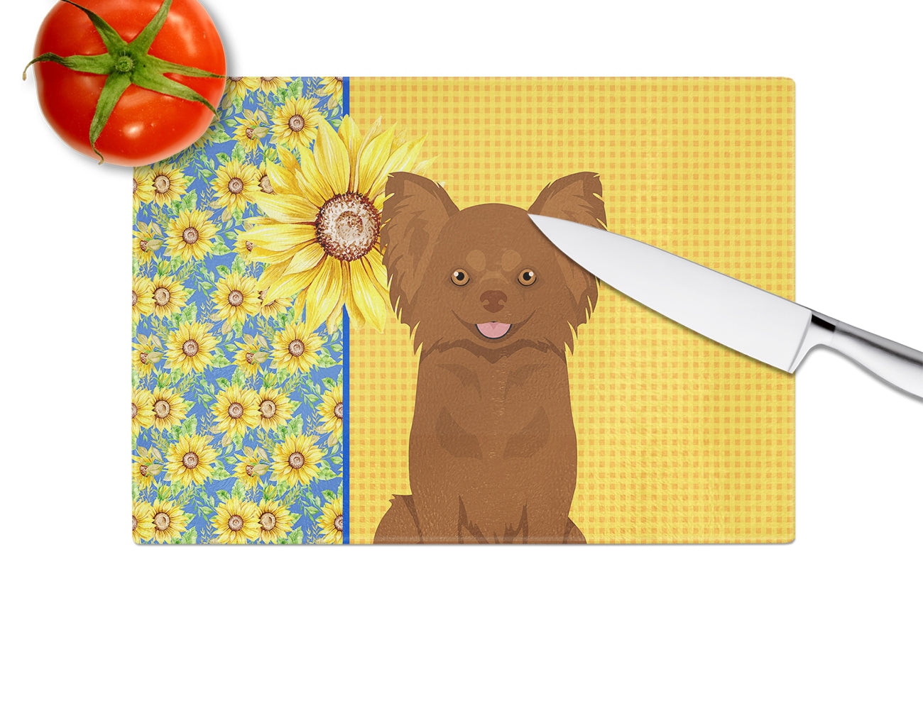 Summer Sunflowers Longhaired Chocolate Chihuahua Cutting Board Tempered Glass Kitchen Cutting Surface, Heat Resistant Chopping, Non-Slip Feet, Food Prep & Serving
