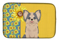 Summer Sunflowers Longhaired Blue and White Chihuahua Dish Drying Mat Absorbent Dish Drying Mat Pad for Kitchen Counter Dish Drainer Mat for Countertop, 14 x 21", Multicolor