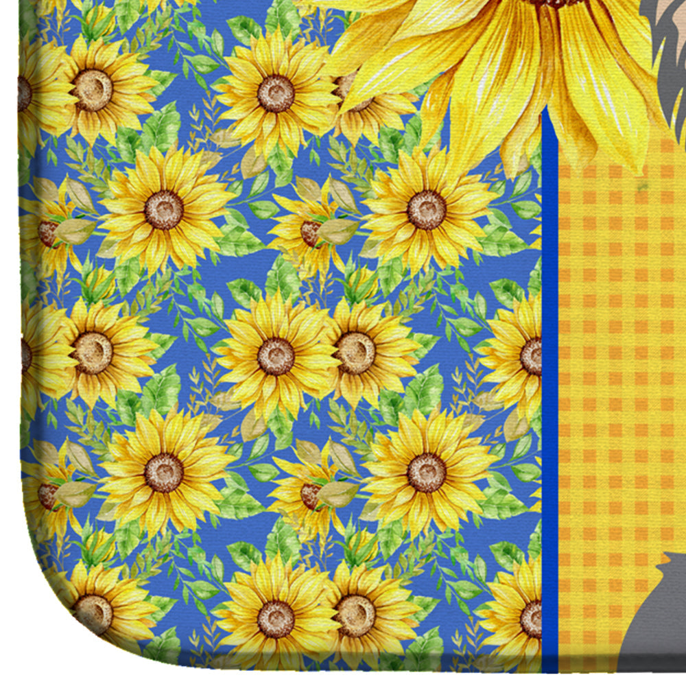 Summer Sunflowers Longhaired Blue and White Chihuahua Dish Drying Mat Absorbent Dish Drying Mat Pad for Kitchen Counter Dish Drainer Mat for Countertop, 14 x 21", Multicolor