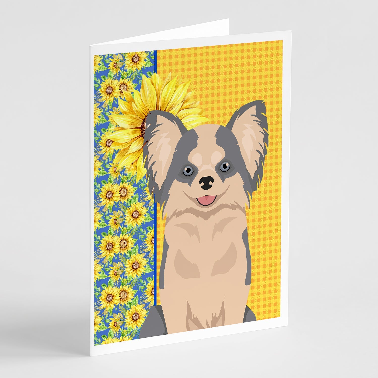 Summer Sunflowers Longhaired Blue and White Chihuahua Greeting Cards Pack of 8 Blank Cards with Envelopes Whimsical A7 Size 5x7