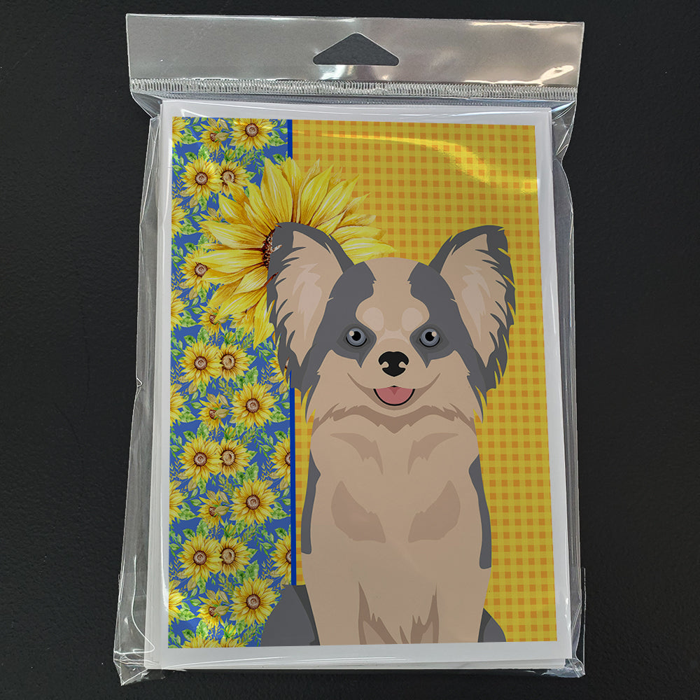 Summer Sunflowers Longhaired Blue and White Chihuahua Greeting Cards Pack of 8 Blank Cards with Envelopes Whimsical A7 Size 5x7
