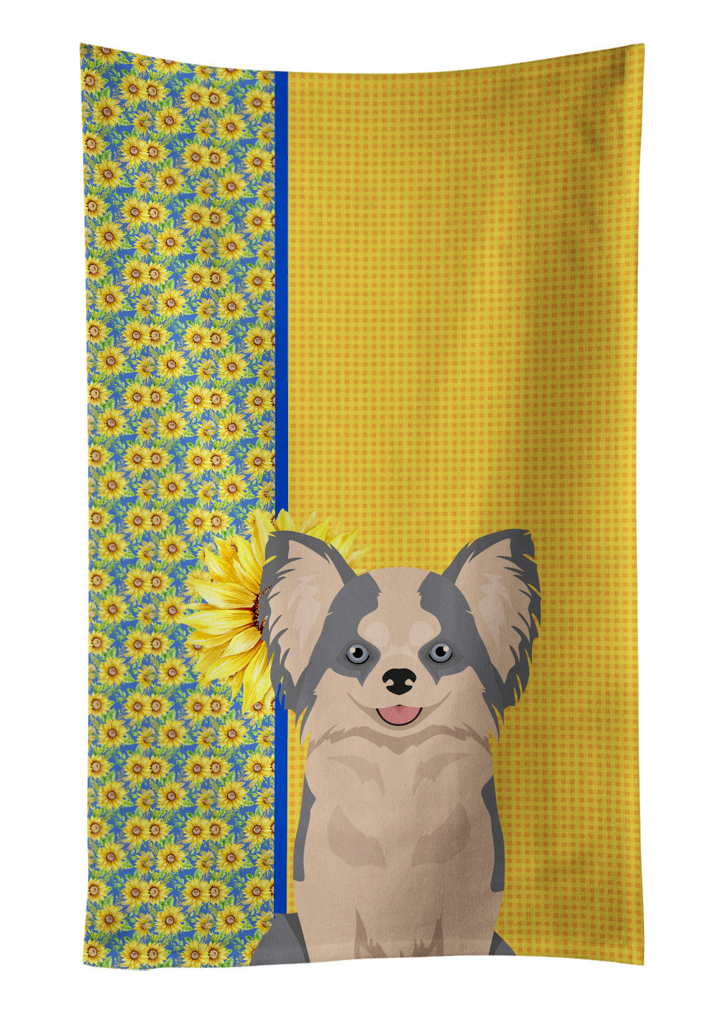 Summer Sunflowers Longhaired Blue and White Chihuahua Kitchen Towel Velour Plush Front and Cotton Loop Back Machine Washable