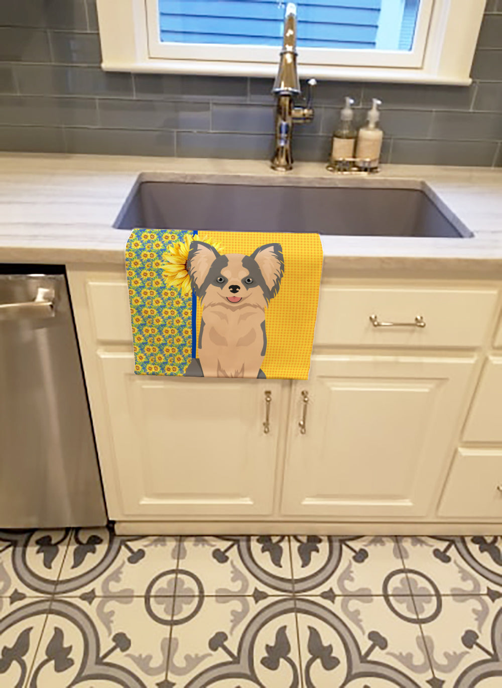 Summer Sunflowers Longhaired Blue and White Chihuahua Kitchen Towel Velour Plush Front and Cotton Loop Back Machine Washable