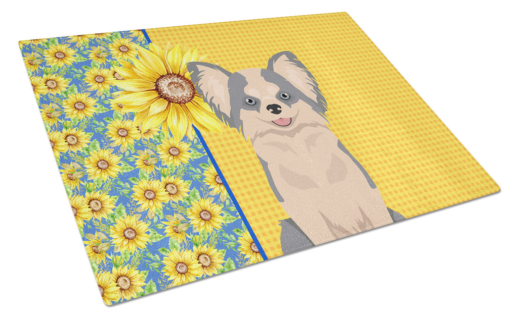 Summer Sunflowers Longhaired Blue and White Chihuahua Cutting Board Tempered Glass Kitchen Cutting Surface, Heat Resistant Chopping, Non-Slip Feet, Food Prep & Serving