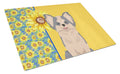 Summer Sunflowers Longhaired Blue and White Chihuahua Cutting Board Tempered Glass Kitchen Cutting Surface, Heat Resistant Chopping, Non-Slip Feet, Food Prep & Serving