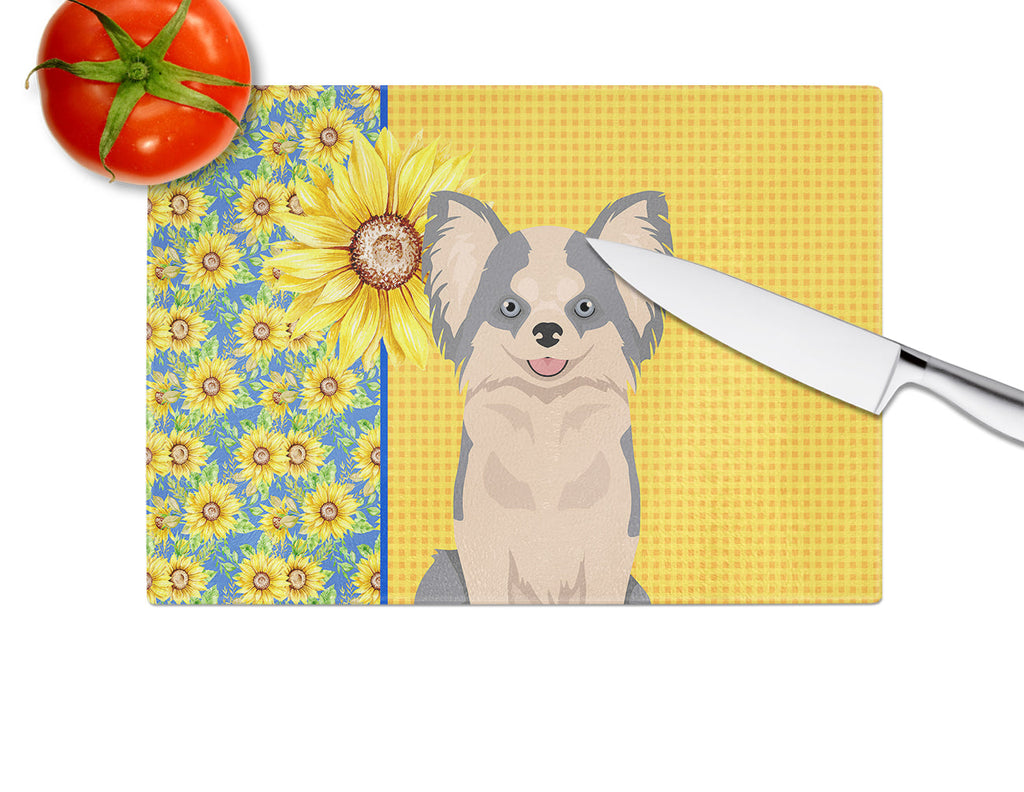 Summer Sunflowers Longhaired Blue and White Chihuahua Cutting Board Tempered Glass Kitchen Cutting Surface, Heat Resistant Chopping, Non-Slip Feet, Food Prep & Serving
