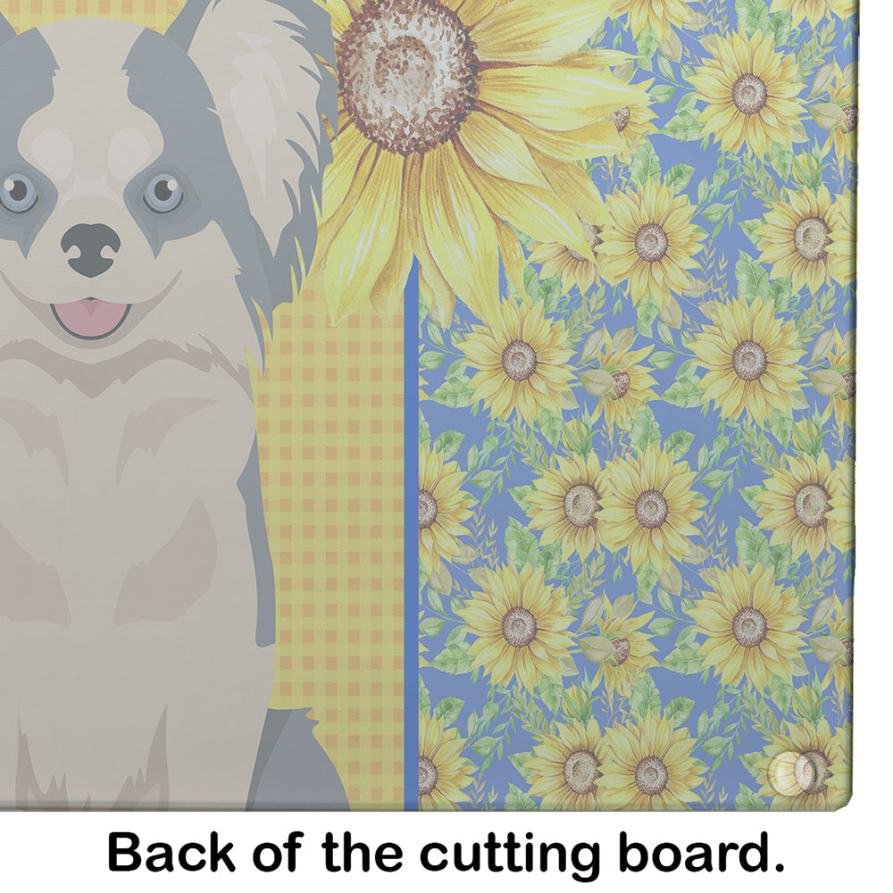 Summer Sunflowers Longhaired Blue and White Chihuahua Cutting Board Tempered Glass Kitchen Cutting Surface, Heat Resistant Chopping, Non-Slip Feet, Food Prep & Serving