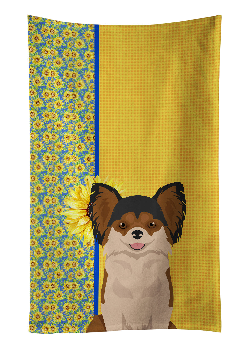Summer Sunflowers Longhaired Black and Red Chihuahua Kitchen Towel Velour Plush Front and Cotton Loop Back Machine Washable