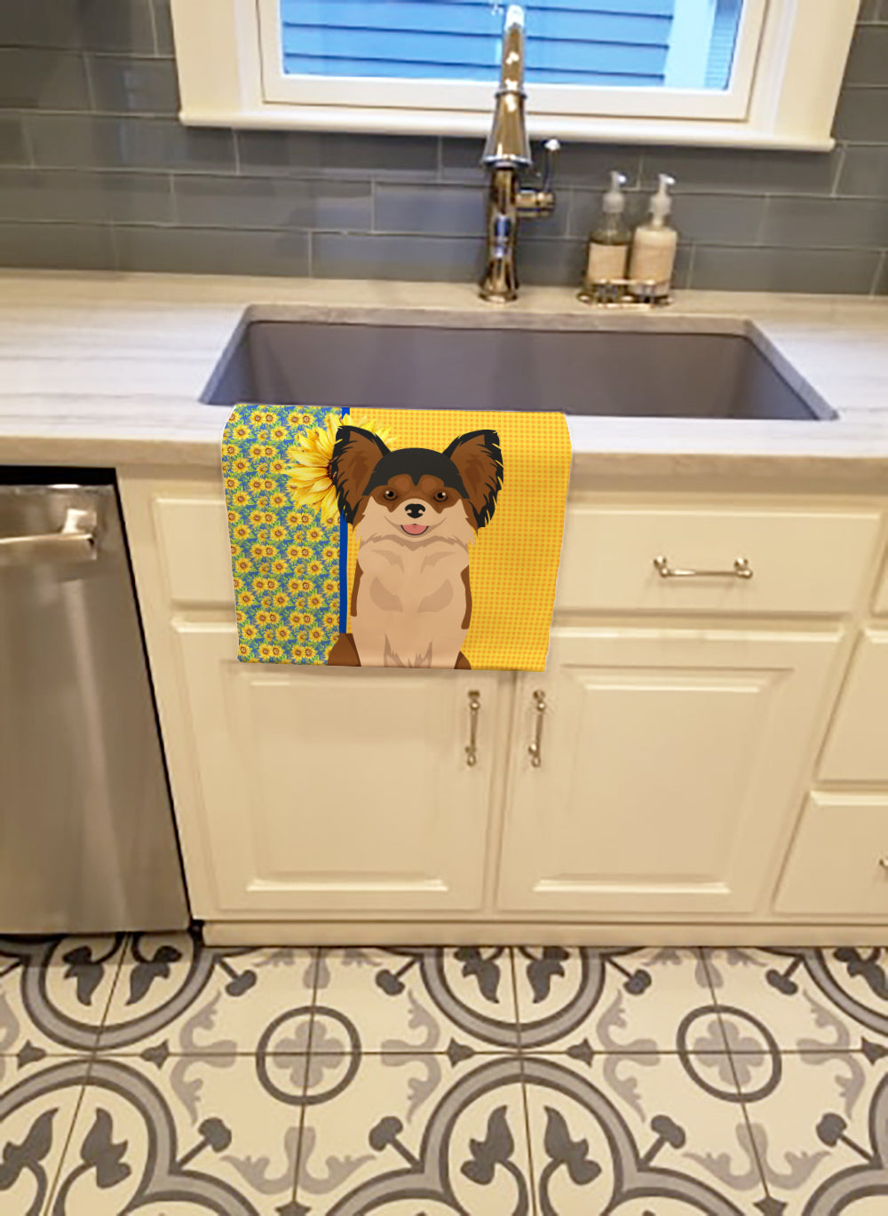 Summer Sunflowers Longhaired Black and Red Chihuahua Kitchen Towel Velour Plush Front and Cotton Loop Back Machine Washable