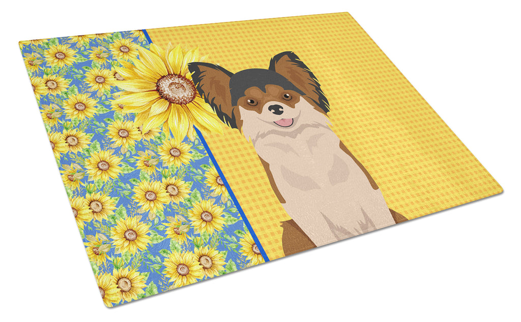 Summer Sunflowers Longhaired Black and Red Chihuahua Cutting Board Tempered Glass Kitchen Cutting Surface, Heat Resistant Chopping, Non-Slip Feet, Food Prep & Serving