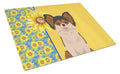Summer Sunflowers Longhaired Black and Red Chihuahua Cutting Board Tempered Glass Kitchen Cutting Surface, Heat Resistant Chopping, Non-Slip Feet, Food Prep & Serving
