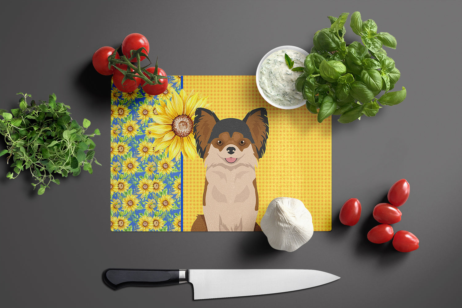 Summer Sunflowers Longhaired Black and Red Chihuahua Cutting Board Tempered Glass Kitchen Cutting Surface, Heat Resistant Chopping, Non-Slip Feet, Food Prep & Serving