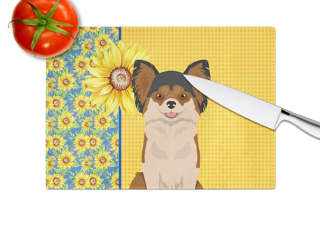 Summer Sunflowers Longhaired Black and Red Chihuahua Cutting Board Tempered Glass Kitchen Cutting Surface, Heat Resistant Chopping, Non-Slip Feet, Food Prep & Serving